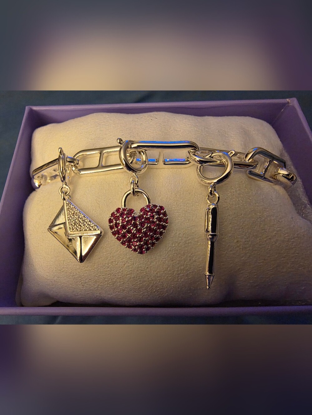 BP Silver Charm Bracelet with Ruby Red Crystal Heart-Written With All My Love